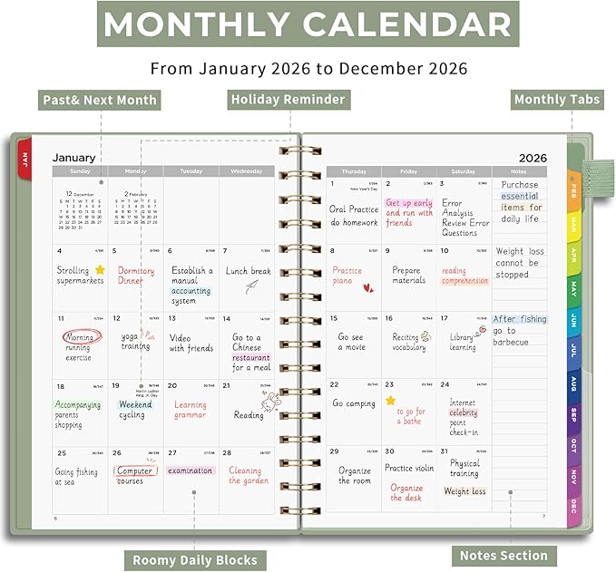 EMSHOI 2026 Planner Weekly and Monthly, Week on One Page with Notes, A5 (5.7"x8.3"), Jan-Dec 2026 Calendar Agenda with Monthly Tabs, Note Pages, 100GSM Thick Paper, Flexible Cover, Light Green