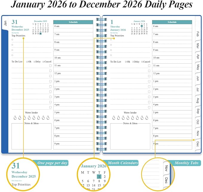 Daily Planner 2026 Full Page Per Day- 2026 Daily & Monthly Planner from January 2026 to December 2026, Day Planner 2026 with 12 Months Tabs, 6.4" x 8,5", Blue