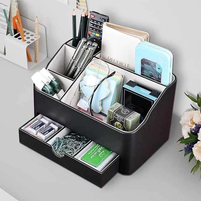 KINGFOM Desk Organizer with Drawer, Multifunction Pencil Holder for Desk, Desk Organizer and Accessories 5 Compartments for Home Office Supplies (Black)