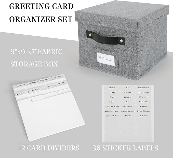 TARSUKA Greeting Card Organizer with dividers - Storage Box with lid Holds 150+ Cards - Assortment Box for Greeting Cards,Recipes, Photos, Envelopes, Keepsake - 9 x 9 x 7 Inches (Gray, 2 pcs)