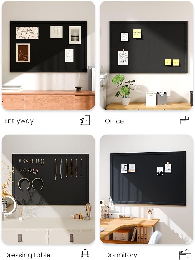 Fluxynara Foldable Cork Board Alternative, Felt Bulletin Board 36" x 24" Black Frame with 24 Adhesive Tabs, Pin Board for Home Office, Classroom, Entryway, Kitchen Wall Decor—Black