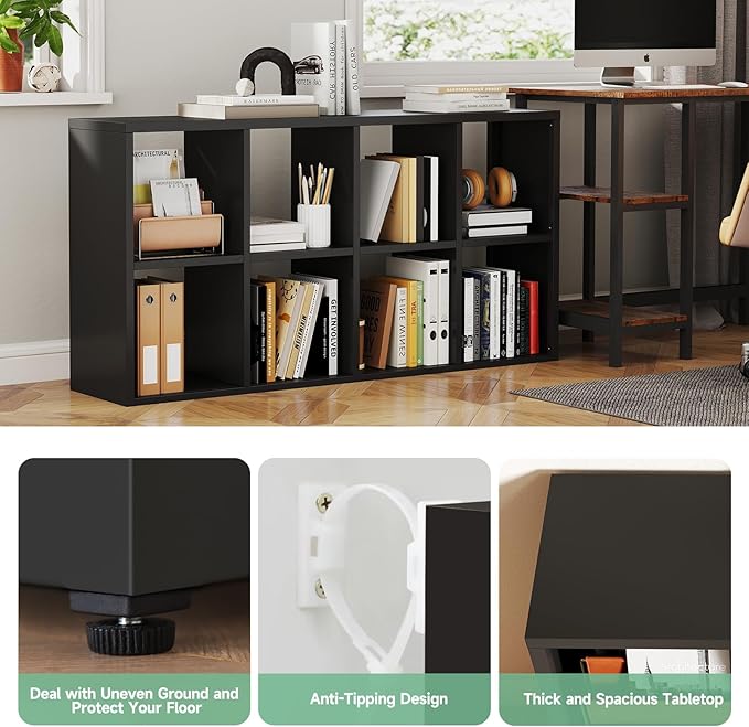 IRONMIX Metal 8 Cube Storage Organizer, Black Short Bookshelf with Storage, Horizontal TV Stand, Modern Cube Storage Shelf Small Cube Bookshelf for Living Room, Office, Library, Study, Easy Assembly