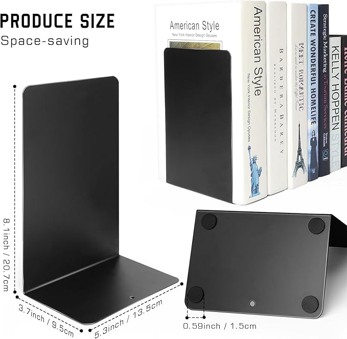 VONDERSO Metal Bookends Black, 2 Pairs Decorative Metal Book End Supports for Shelves Gauge Book Divider Stopper Holders with Non-Slip Anti-Scratch Rubber Pads