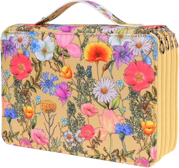 Vomgomfom Colored Pencil Holder - 200 Slots Large Capacity Case with Zipper Closure Twill Fabric, Yellow Flower Pattern for Watercolor Pens, Markers, Artists