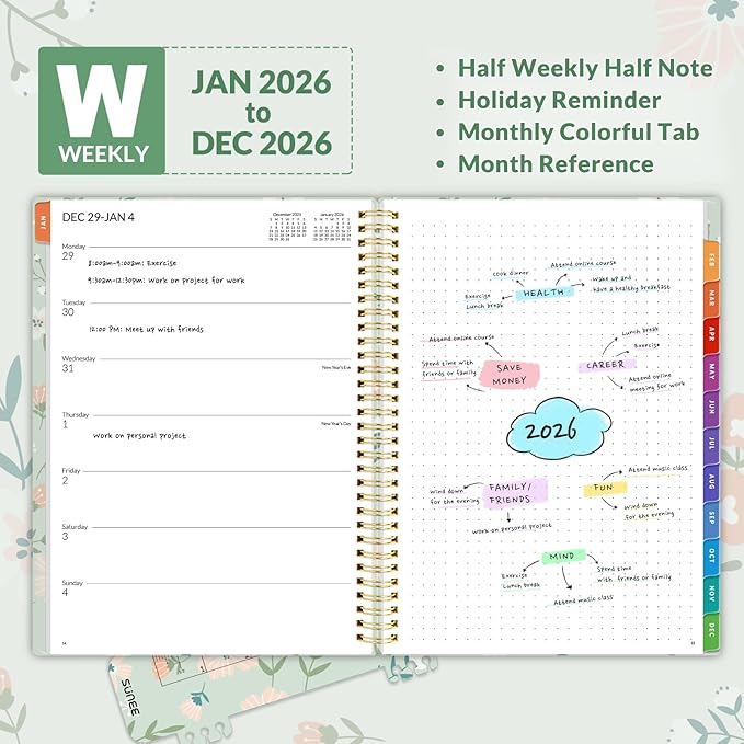 SUNEE 2026 Planner, Weekly and Monthly Calendar Planner, January 2026-December 2026, Daily Agenda with Tabs, Note Pages, Spiral Binding, 8.5"x11", Wildflowers