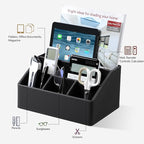 Cretkhp Remote Control Holder with 5 Compartments for Office Art Supplies, PU Leather Nightstand Organizer Pencil Pen Desk Caddy for Home, Desktop TV Remote Control Organizer Storage (Black)