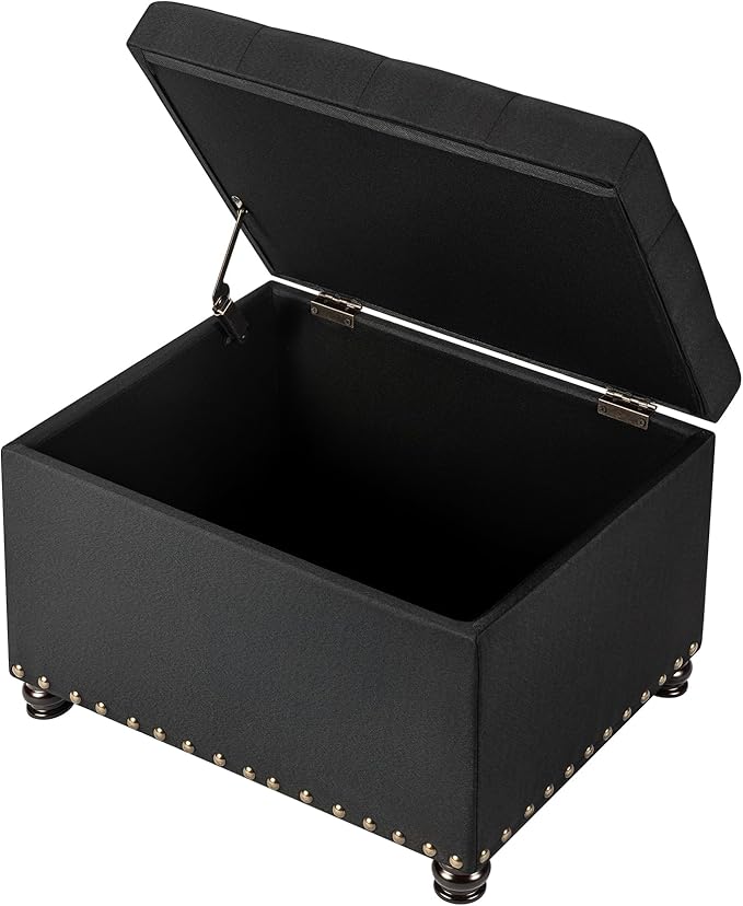 Decent Home 24" Storage Ottoman, Fabric Ottoman Foot Rest Stool with Hinged Lid, Tufted Rectangle Upholstered Footstool, Load Up to 350 lb, for Living Room, Bedroom, Dorm, Black