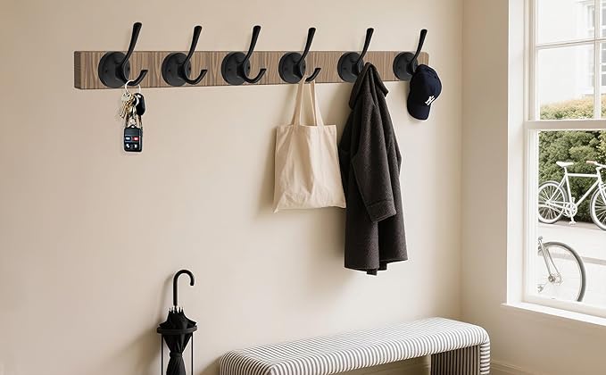 TOFIIGREM Matte Black Wall Hooks, 4 Pack Heavy Duty Coat Towel Hook Metal Double Backpack Hook Wall Mounted, Bath Towel Hooks for Entryway Cubicle Bathroom Closet Garage