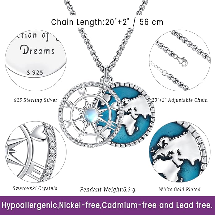 Compass Necklace for Women Men 925 Sterling Silver Pendant Urn Necklaces for Ashes Picture Locket Necklace Anchor Necklace Viking Necklace Crystals CZ Moonstone Abalone Shell Turquoise Compass Jewelry