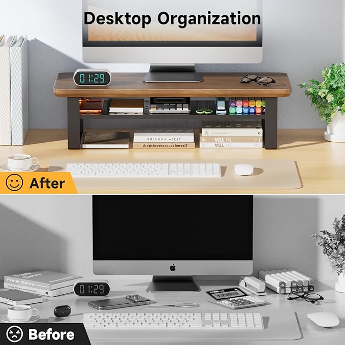 NestNeat Monitor Stand Riser, 24 Inch Computer Monitor Stand for Desk, 2-Tier Wood Desk Shelf Organizer with Storage, Desktop Stand for Laptop/Screen/PC/Printer, Ergonomic Home Office Monitor Stand