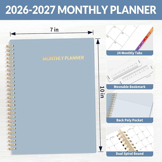 SUNEE 2026-2027 Planner - 24 Months (Jan 2026 - Dec 2027) - 7"x10" Monthly Spreads & Yearly Planner, Gray Blue