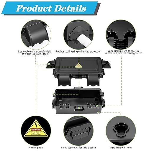 DIQIMIAQ Medium Outdoor Electrical Box(inner 10.3*4.8*3.1inch) With Waterproof shield, Waterproof Extension Cord Cover w/6 Cable , Weatherproof Connection Box Protect for Plug,Connector (Black, 1PCS)