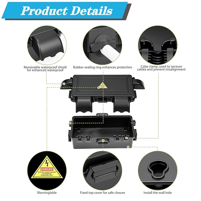 DIQIMIAQ Medium Outdoor Electrical Box(inner 10.3*4.8*3.1inch) With Waterproof shield, Waterproof Extension Cord Cover w/6 Cable , Weatherproof Connection Box Protect for Plug,Connector (Black, 2PCS)