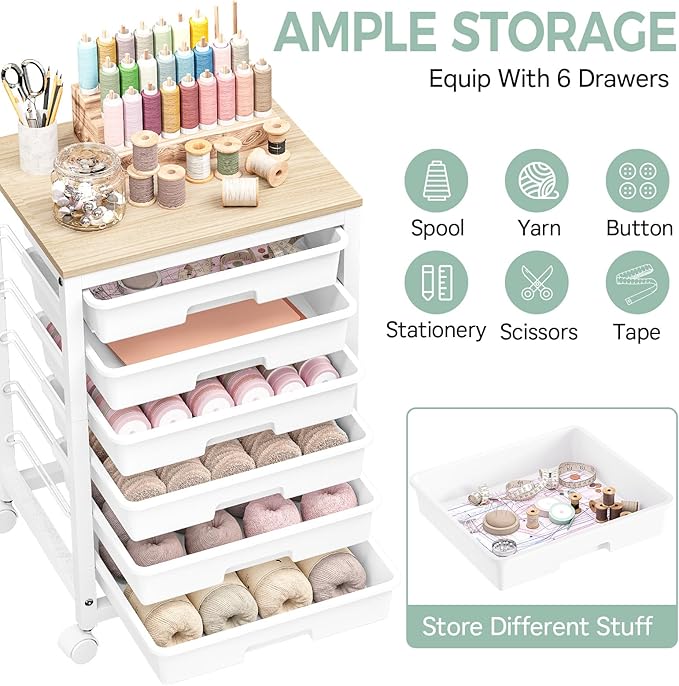 SYKIARIOL Rolling Storage Utility Cart with 6 Drawers and Wooden Tabletop for Under Desk Storage,White