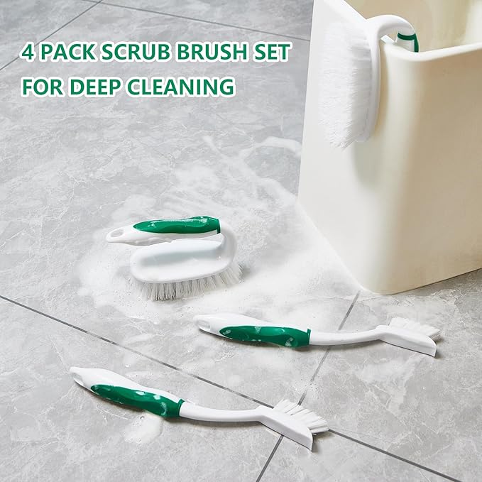 HileSwan Scrub Brush Set, 4 Pack Deep Cleaning Brush Kit - 2 Scrub Brush, 2 Tile & Grout Brush with Built-in Scraper, Household Commercial Scrubber for Floor, Shower, Pool Wall, Tub (Green)