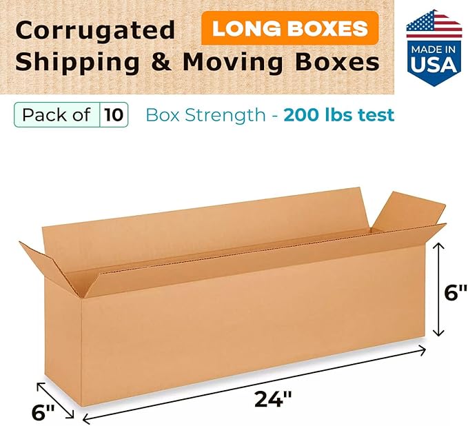 Long Moving & Shipping Boxes 24x6x6 inches (10-Pack) - Extra Strength 200 lb vs Regular - Corrugated Shipping Boxes for USPS/UPS/FEDEX - Cardboard Packing Box - Packing Box by IDL Packaging