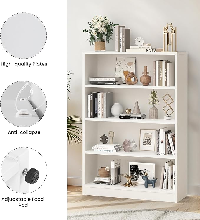 Farini 48 Inch Tall 4-Shelf Bookcase, Wood Bookshelf Storage Organizer Adjustable Shelf for Home Office, Study Room, Easy Assembly,White