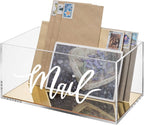 MyGift Clear Acrylic Tabletop Mail Organizer Box with Letter Word Script Design and Gold Mirror Base