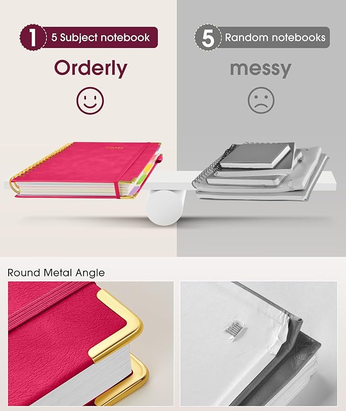 Hardcover Spiral Notebook Journal with Removable Dividers Tabs, 300 Pages Leather 5 Subject Notebook College Ruled, 8"x10" Large B5 Notebooks for Work School Note taking, Lined Journal for Women, Rose