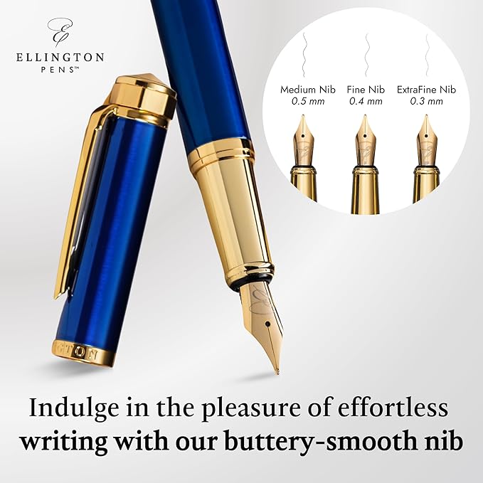 Ellington Pens Luxury Fountain Pen Set - Smooth Medium Nib - Includes 3 Ink Cartridges, Refillable Ink Converter, Gift Box- Fountain Pens For Writing, Calligraphy, Journaling, Sketching (The Nautilus)