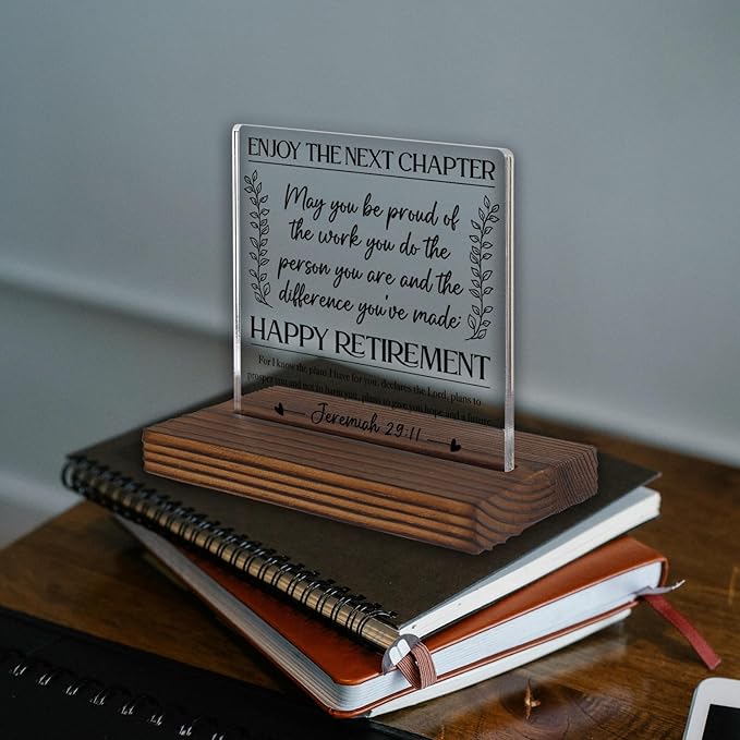 Happy Retirement Acrylic Desk Sign with Bible Verse, Christian Gift for Women Men, New Chapter Inspirational Plaque, Religious Office Decor, Farewell Keepsake for Coworker Friend Parent PA122