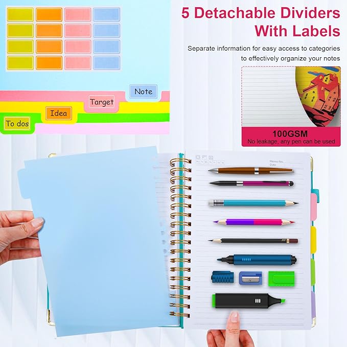 Hardcover Spiral Notebook 6.2"x 8.2" Journal Notebook with Tabs and Removable Dividers 300 Pages 5 Subject Notebook College Ruled, Faux Leather Spiral Bound Notebook for Women School Work(Rose Red)
