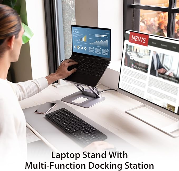 j5create Laptop Stand with USB C 4K HDMI Display Hub - 2 USB A 5Gbps, PD 100W with USB-C 5Gbps | Aluminum Computer Riser for MacBook and Windows Notebook (JTS327)