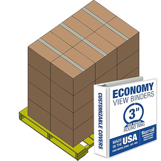 Samsill Economy 3 Inch 3 Ring Binder Bulk Pallet, Made in The USA, Round Ring Binder, Customizable Clear View Cover, White, Pallet of 288 Binders in 24 Cartons