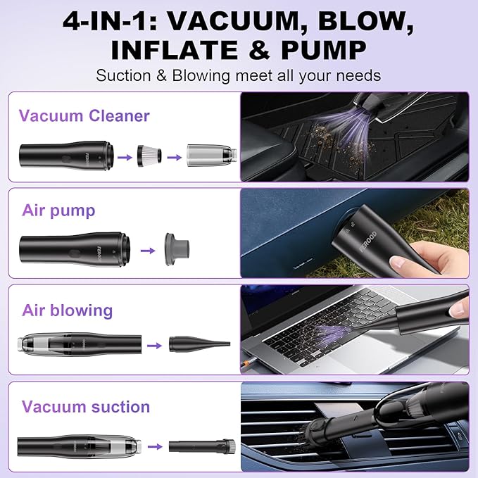 4-in-1 Car Vacuum, Mini Handheld Portable Cordless, 6.5kPa Strong Suction, Ultra-Quiet 60dB, 0.85 lb for Car, Desk & Small Spaces,USB-C Rechargeable 2 Washable HEPA Filters,Ideal Gifts for Men & Women