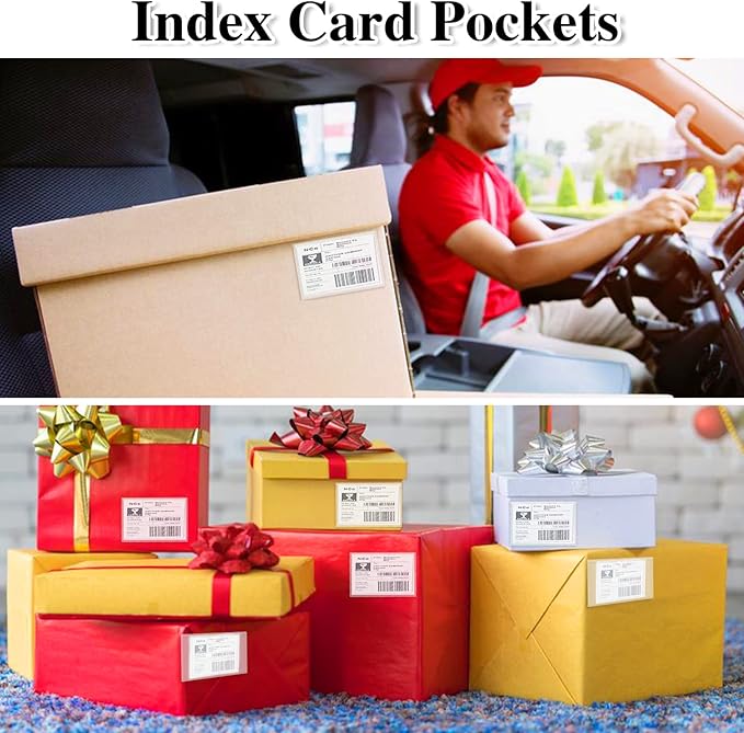 36 Pack Adhesive 2.4" x 3.9" Index Card Pockets with Top Open for Loading, Clear Plastic Labels Holders for Organizing, Storage Bins, Library Card, Totes, Shelves