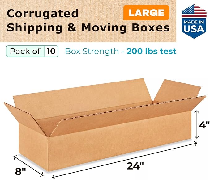 Large Shipping & Moving Boxes 24x8x4 inches (10-Pack) - Extra Strength 200 lb vs Regular - Corrugated Durable Cardboard Boxes for FEDEX - Large Shipping Box - Heavy Duty Box by IDL Packaging