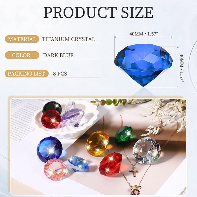 PATIKIL 8 Pcs Diamond Crystal Paperweight, 40mm / 1.57 Inch Crystal Paperweight Paper Weight for Home Office Desktop Table Decor Wedding Party Jewelry Ornaments, Dark Blue