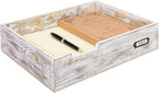 MyGift Rustic White Desktop Letter Tray - Shabby Whitewashed Wood Inbox Holder, Desk Paper File Folder Organizer Box with Metal Label