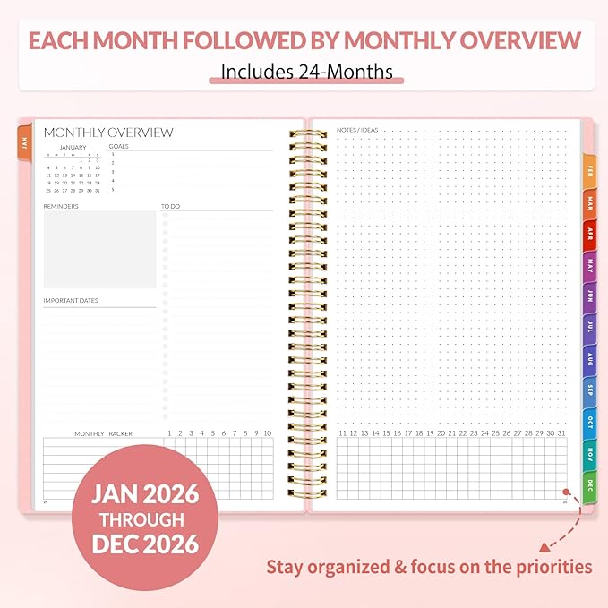 SUNEE 2026-2027 Planner - 24 Months (Jan 2026 - Dec 2027) - 7"x10" Monthly Spreads & Yearly Planner, Pink