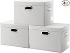 PRANDOM Large Collapsible Storage Bins with Lids [3-Pack] Fabric Foldable Storage Boxes Organizer Containers Baskets Cube with Cover for Home Bedroom Closet Office Beige(17.3x11.8x11.8)