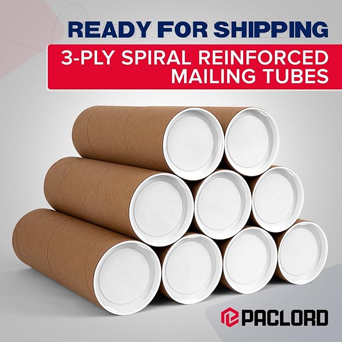 Paclord 3" x 12" Heavy-Duty Reinforced Cardboard Mailing Tube, Pack of 6 Tubes with 12 Caps – Secure USPS Approved – Great for Shipping and Storing of Prints, Artwork, Posters or Documents