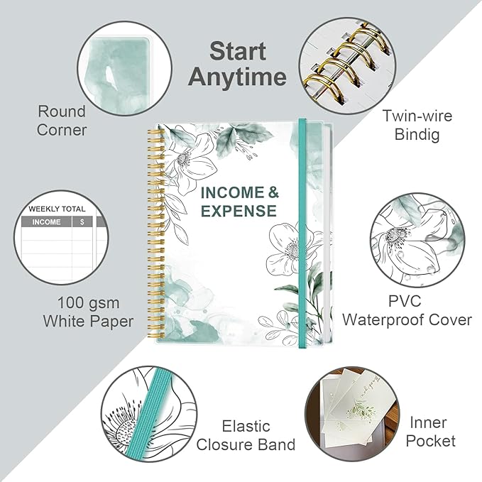 Heveboik Income & Expense Log Book - A4 Income and Expense Tracker for Small Business, Accounting Bookkeeping Tracking for Woman and Man, 8" x 10.5", Teal Floral