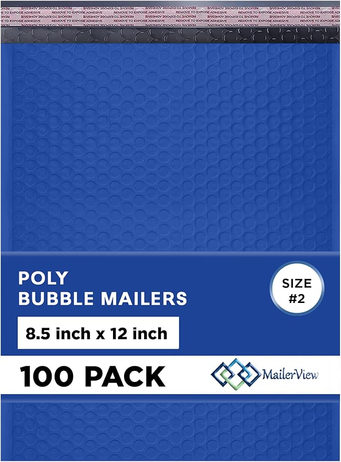 Royal Blue Poly Bubble Mailers 8.5x12 inch #2 | Self Seal Padded Envelopes | Cushioned Bubble Mailer | Usable Size 8.5x11 | Water Proof | Lightweight mailing Shipping Bags | 100 Pack Bulk
