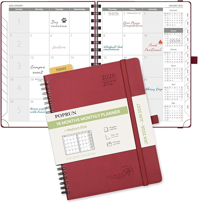 POPRUN Monthly Planner 2026-2027 (Medium 6.5" x 8.5") 18 Months Calendar Book(Jan 2026 - Jun 2027) - 4 Pages per Month with Expense & Notes, Stair-like tabs, Leather Cover, Sunday Start - Burgundy
