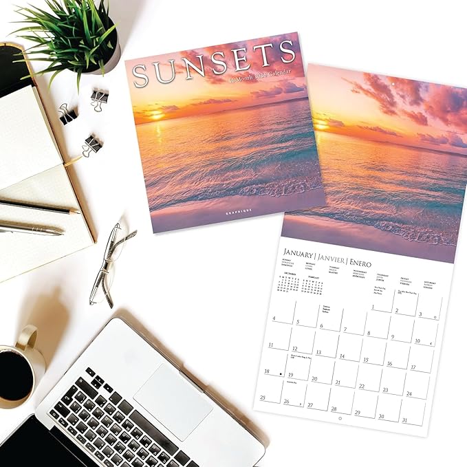 Graphique 2026 Sunsets Wall Calendar | 12” x 12” | Thick Paper | Home & Office Organizer | Large Monthly Grid | 3 Languages & Marked Holidays | 4 Month Preview Page for 2027