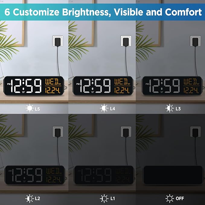 Peakeep Large Display Digital Alarm Clock for Bedrooms, Date Day of Week Desk Table Clocks for Living Room Office, Dimmable 5 Dimmers Plug in Electric Clock, Auto DST