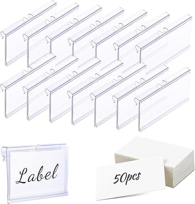 Meetory 50 Pcs Plastic Wire Shelf Label Holders, 3" x 1.65" Clear Price Tag Holder with Double Snap Lock Closure - Reusable Plastic Basket Label Holders for Market, Retail Shop, Pantry, Label Papers