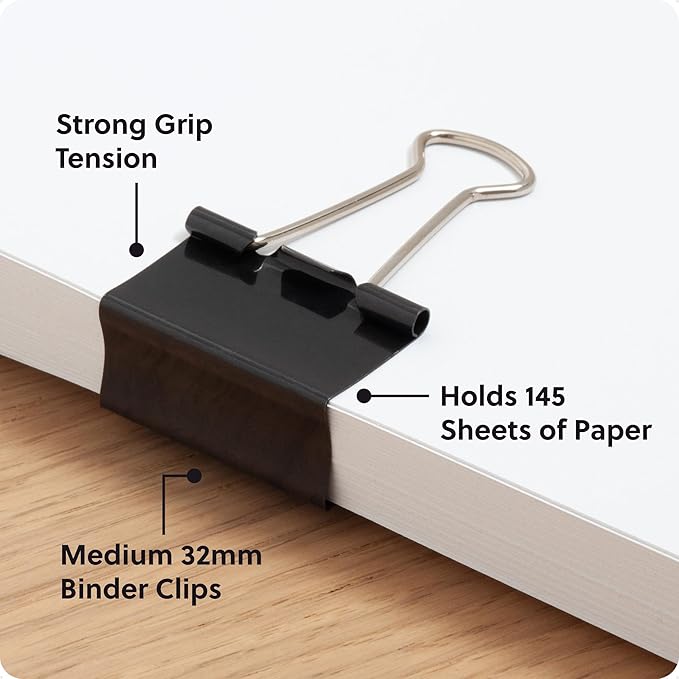 U Brands Binder Clips, Medium 1-1/4" Width, 1/2" Paper Holding Capacity, Black and Silver Steel, 96-Count
