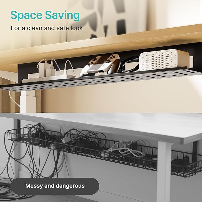PEGZONE Under Desk Cable Management Tray, 31.5 Inches Metal Cord Organizer Rack, Desk Tray for Power Strip, Cord, Wire, Easy Mounting Cable Management Under Table for Home Office, Black