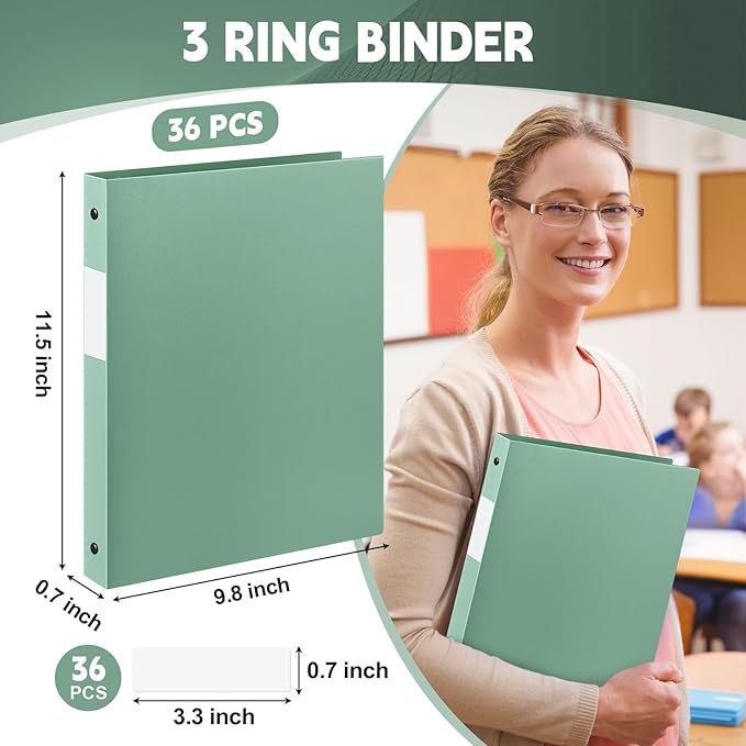 Henoyso 36 Pcs 3 Ring Binder 0.5 Inch Round Fits Letter Size 8.5'' x 11'' Paper Plastic Flexible Binder Bulk Holds 140 Sheets with 1 Pockets Versatile Organizer for Home Office School (Sage Green)