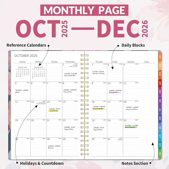 GNL 2026 Planner, Weekly and Monthly Planner January - December 2026, 6.4" x 8.3" Monthly Planner with Waterproof Flexible Cover, Spiral Binding Notebook with Colorful Tab, Pockets, Bookmark, Floral