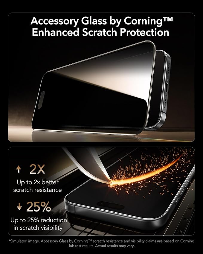 ESR Accessory Glass by Corning™ 3 Pack 9H+ Glass for iPhone 17/16 Pro Privacy Screen Protector, with AR Anti-Reflective Technology, Military Grade Shatterproof & Durable with UltraFit Tray