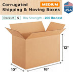 Medium Shipping & Moving Boxes 18 x 10 x 12 inches (5-Pack) - Extra Strength 200 lb vs Regular - Corrugated Medium Moving Boxes - Box for Moving for USPS, UPS, FedEx - Packing Box by IDL Packaging
