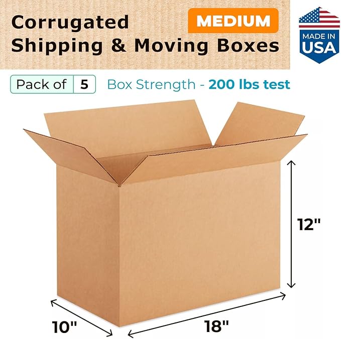 Medium Shipping & Moving Boxes 18 x 10 x 12 inches (5-Pack) - Extra Strength 200 lb vs Regular - Corrugated Medium Moving Boxes - Box for Moving for USPS, UPS, FedEx - Packing Box by IDL Packaging