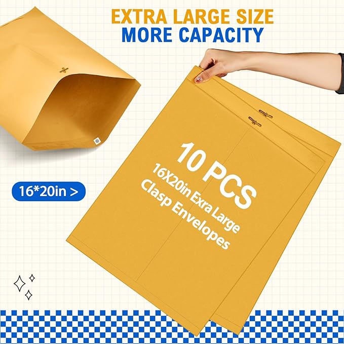 Motipuns 10 Pcs Manilla Envelopes 16 x 20 Inch Large Clasp Envelope Catalog Envelopes with Clasp Closure for Mailing Thick Documents Home, Business, Legal or School Storing Mailing (Golden)